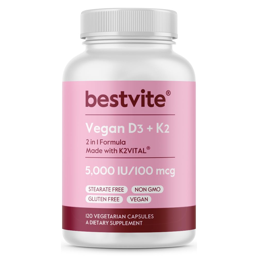 BESTVITE Vegansk Vitamin D3 5000 IE + Vitamin K2 100 mcg som MK- 7 (120 Vegetariske kapsler) - Ingen Stearates - Vegan - Ikke GMO - Gluten Free