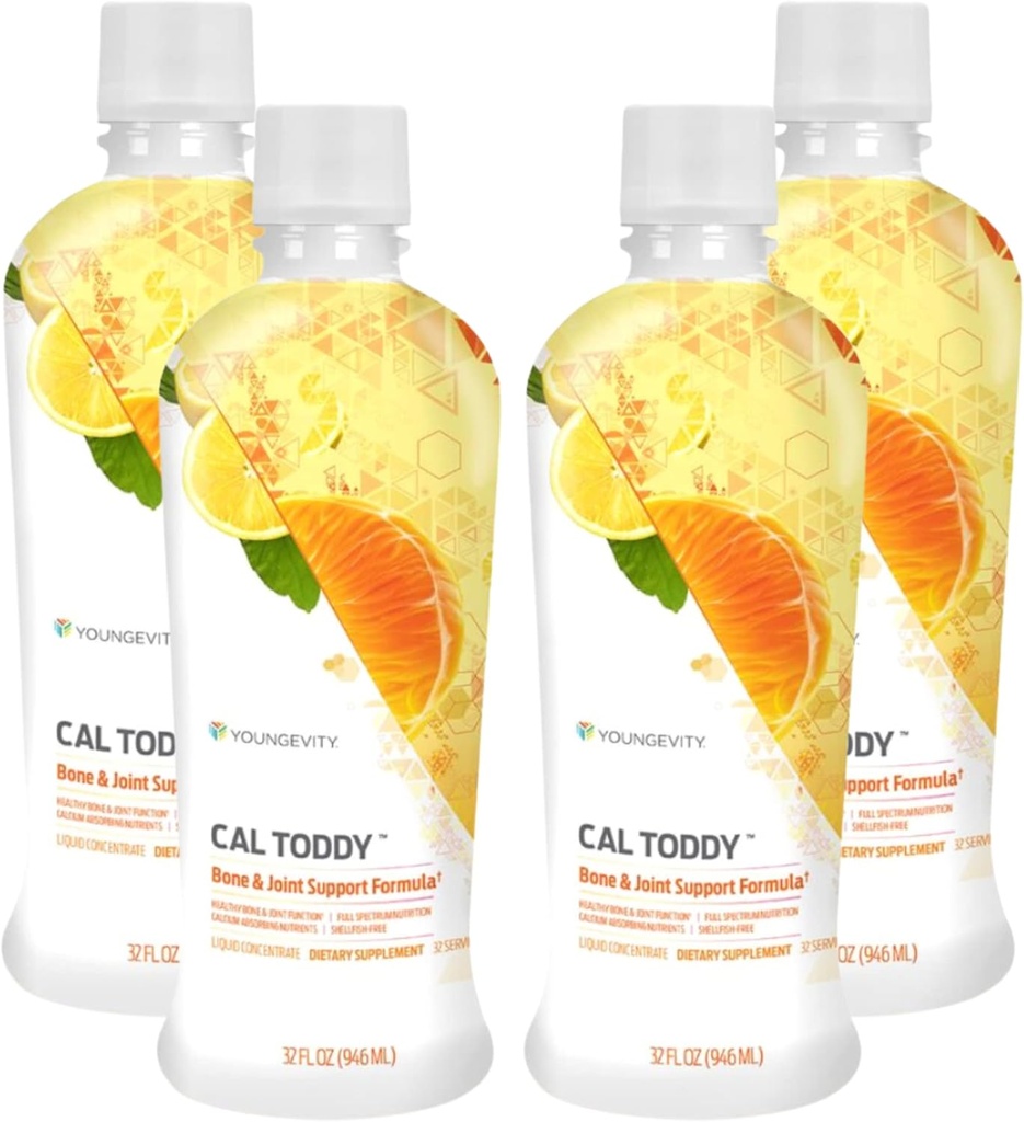 Youngevity CAL Toddy - Calcium (citrat, phosphater) Magnesium 1,200mg / 600mg - Vitaminer D-3, zink, kobber, kalium, bor og 70 + spor Mineral Cofaktors - Understøtter ben sundhed - 32 Fl Oz (pakke med 4)