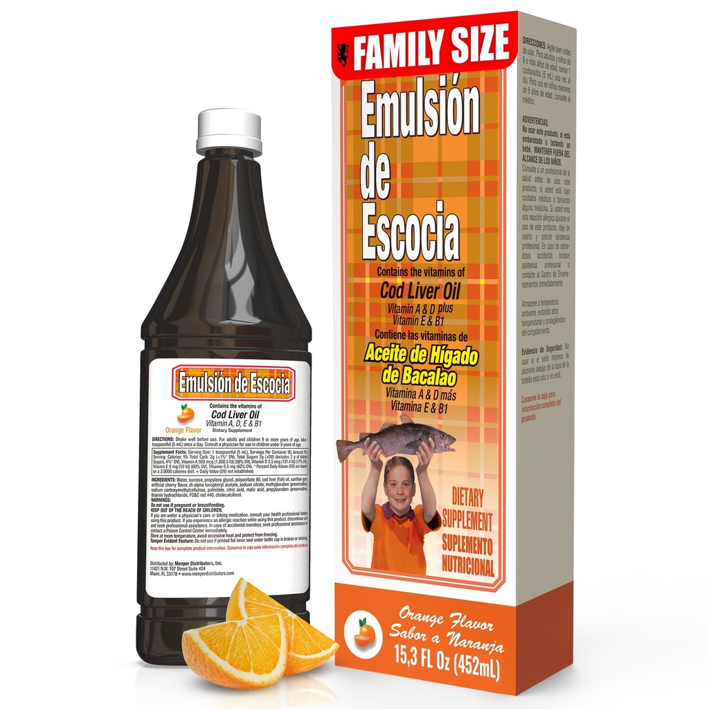 EMULSION DE ESCOCIA Cod Lever Oil, Kosttilskud, Vitamin A, B1, D og E, immunsystem support, Orange Flavor (15.3 Fl Oz / pakke med 1)