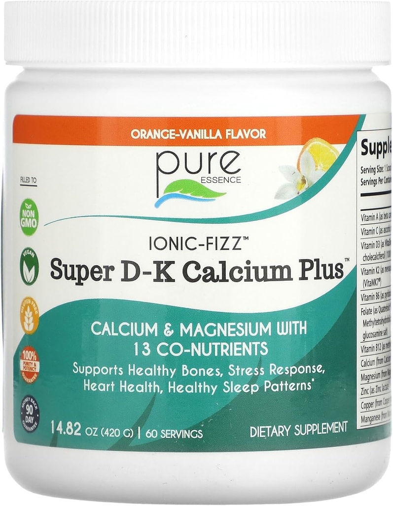 Ionic Fizz Super D- K Calcium Plus af Pure Essence - med Extra Magnesium, D3- vitamin, K2-vitamin - Orange Vanilla - 14.82oz