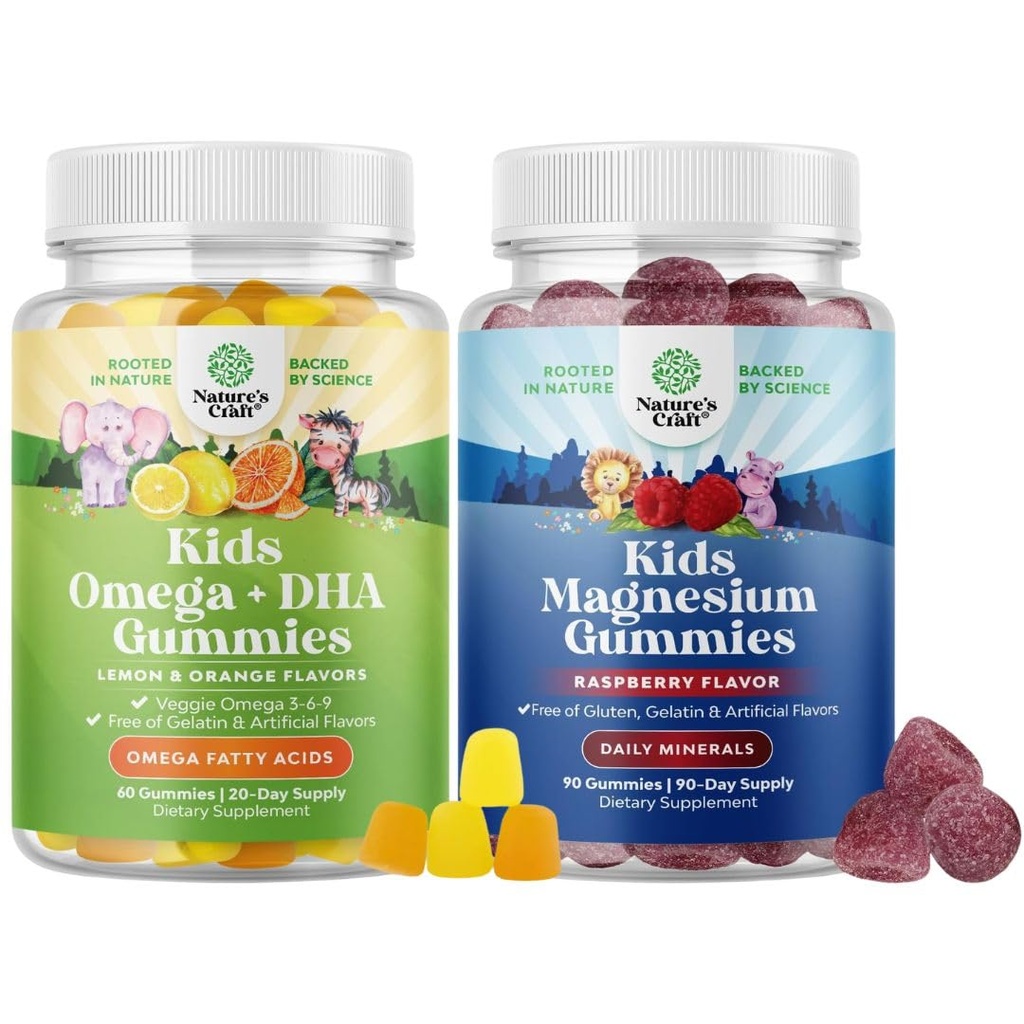 Bundle af Omega DHA Gummies for Kids - Fedtsyrer Omega 3 6 9 med C-vitamin til hjerne, Immunitet & Vision og Kids Magnesium Gummies - Mag Citrate for Nerve Sundhed Muscles & Sund Heart Support