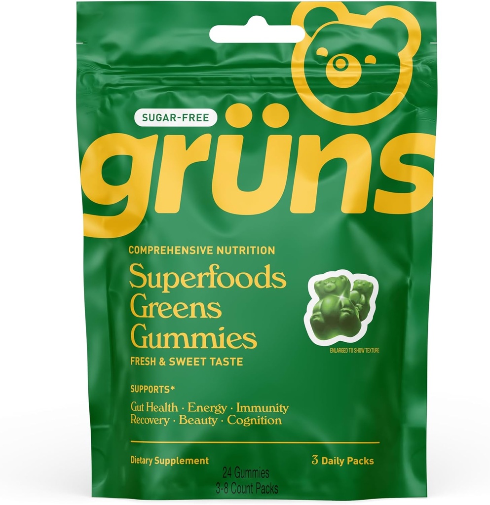 Gruns Sugar Free Super Greens Gummy Bears - Organic Spirulina og Chlorella, Prebiotika til fordøjelse, 20 + Vitamin og mineraler, Adaptogens - 3 breve - 24 Gummies