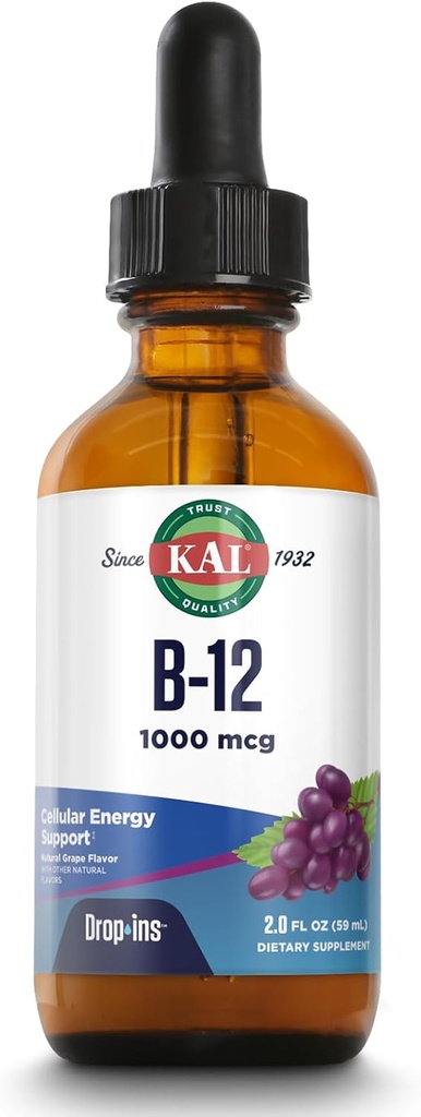 KAL B12 1000 mcg DropIns, høj Absorption Flydende B12 Vitamin, Sund energi Kosttilskud til Metabolisme, Heart Health, Nerve, Red Blood Cell Support, Natural Grape Flavor B12 Drops, 196 Servering, 2oz