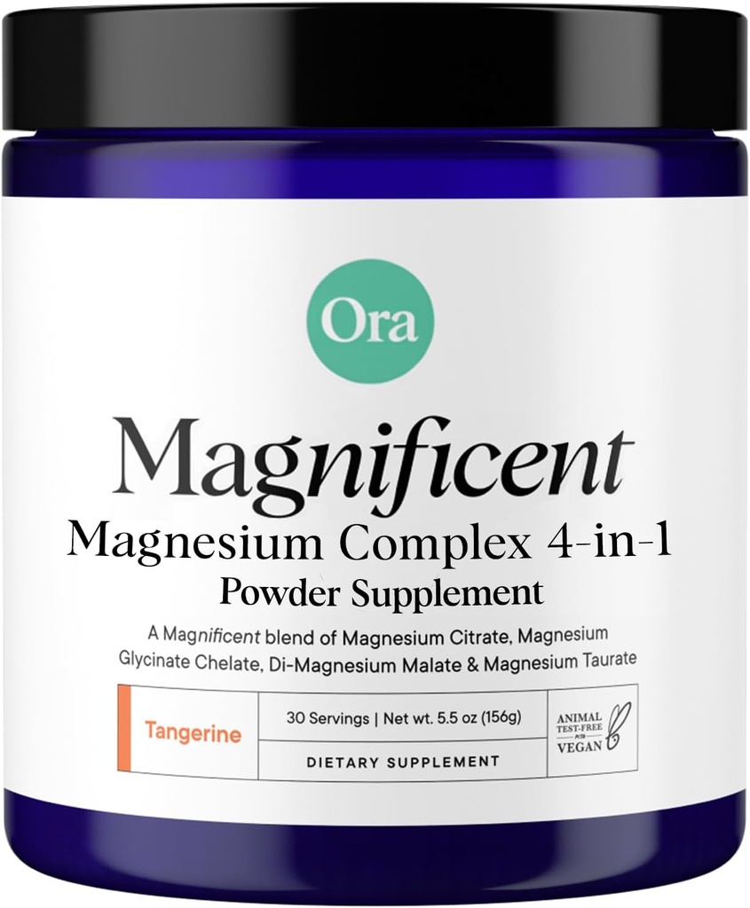 Ora Organic Magnesium Complex Powder Supplement - 4- in-1 Magnesium: Glycinat, Taurat, Malat & Citrate; Vegan, Gluten- Free Medical 124; Tangerine Flavor 124; Calm Support til søvn, Stress & Muskler Medical 124; 30 Servering
