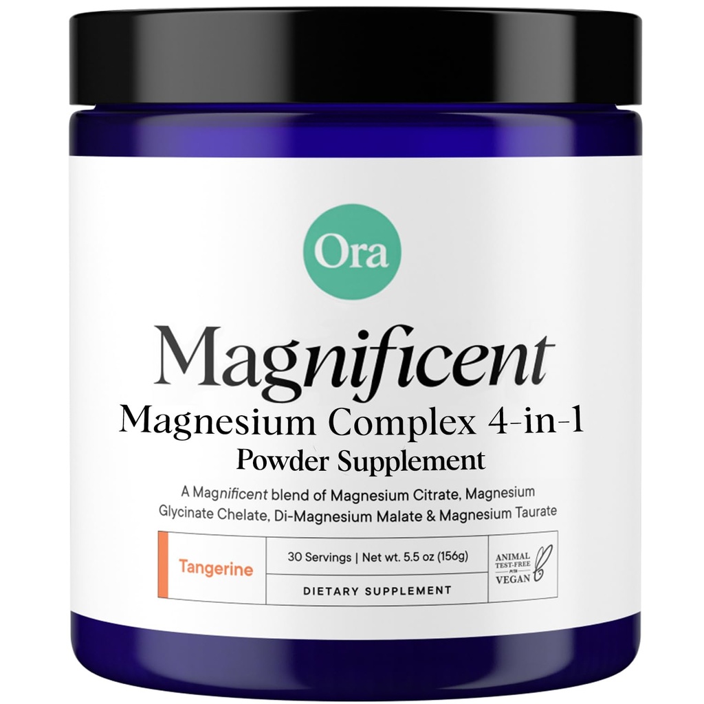 Ora Organic Magnesium Complex Powder Supplement - 4- in-1 Magnesium: Glycinat, Taurat, Malat & Citrate; Vegan, Gluten- Free Medical 124; Tangerine Flavor 124; Calm Support til søvn, Stress & Muskler Medical 124; 30 Servering