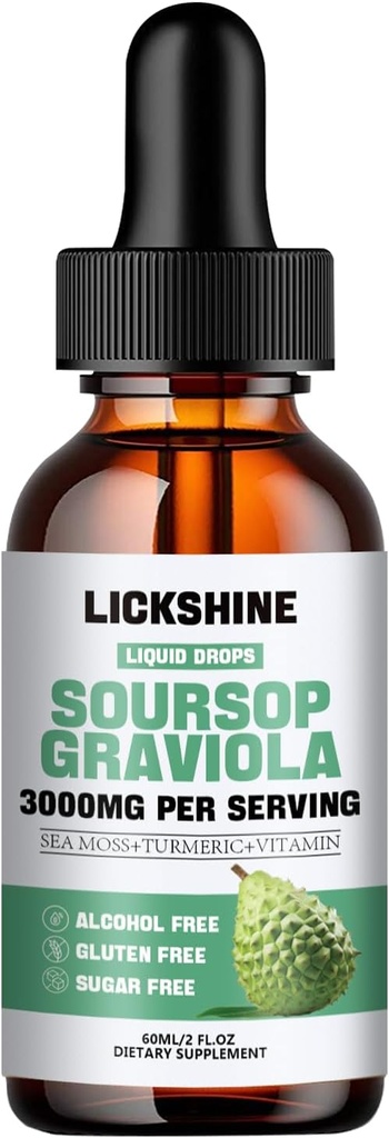 1 Pakker 3000MG Soursop Graviola Liquid Drop til celle Support & Regeneration, lmmune, Gut, Antioxidant, Mood, Relax, Lever og søvn Zzz - Soursop Graviola Leaf Extract, Sea Moss, Turmerisk - 2Fl Oz