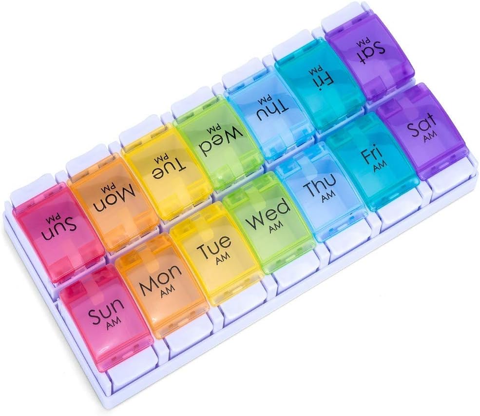 7 Dag PM Pill Organizer, Fugt- Proof Design og store kompartmenter til at holde vitaminer, Fish Oil, Kosttilskud, Ugentlige Pill Box / Cases, Daily Medicine Dispenser (14 Compartments No Alarm)