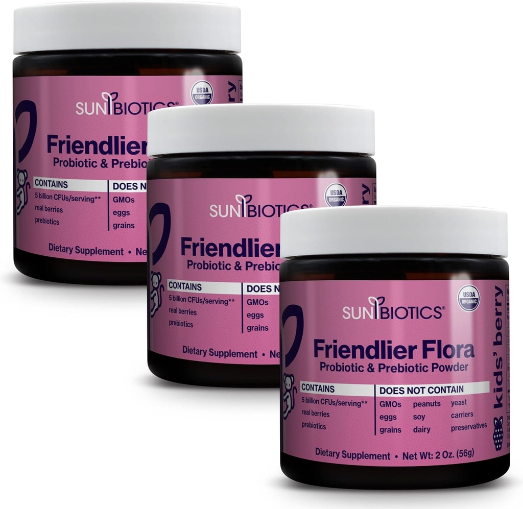 SUNBIOTICS Friendlier Flora - Kids Prebiotic and Probiotic Powder Supplement with 5 Billion CFUs of 5 Probiotic Strains for Good Gut Flora, Immune System, & Balanced Microbiome - Berry, (Pack of 3)