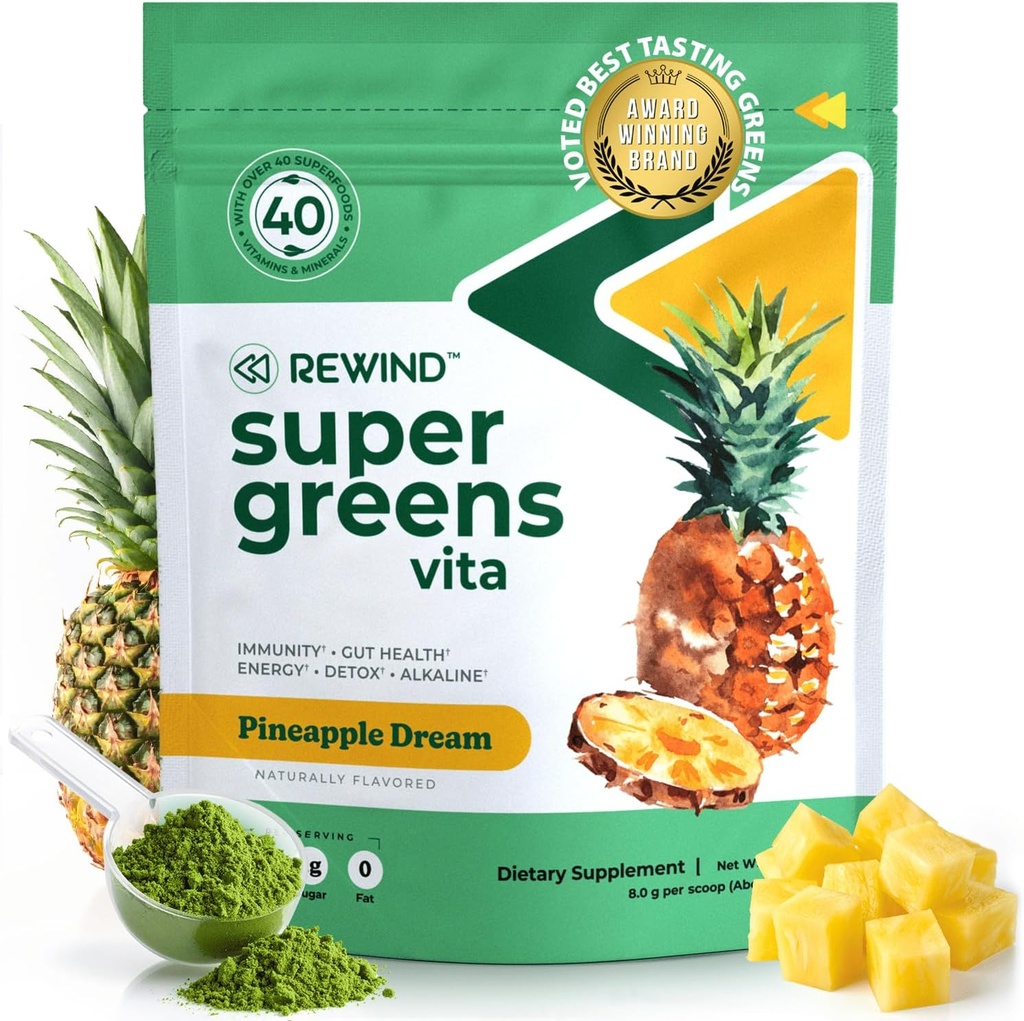 Bedste Tasting Super Green Powder med 40 + Superfood - Lækker Daglig Green Powder med vitamin B12, Zink, C-vitamin, Magnesium & Calcium - Green Juice Superfood Mix - Ananas smag
