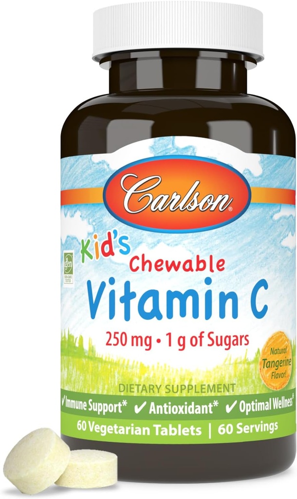Carlson - Kid 's Chewable C-vitamin, 250 mg, 1 g sukkerarter, immunforsvar og optimal wellness, antioxidant, tangerin, 60 vegetariske tabletter