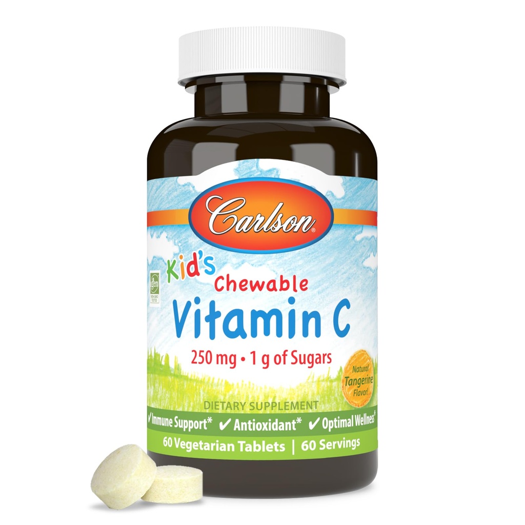 Carlson - Kid 's Chewable C-vitamin, 250 mg, 1 g sukkerarter, immunforsvar og optimal wellness, antioxidant, tangerin, 60 vegetariske tabletter