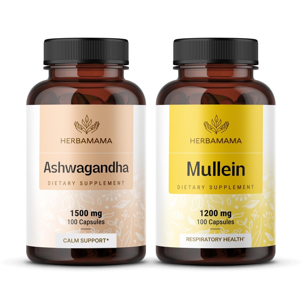 HERBAMAMA Ashwagandha and Mullein Kit - Bundle of 1500 mg Ashwagandha Root & 1200 mg Mullein Leaf Capsules 100 Caps - Vegan, non-GMO, Sugar & Alcohol- Free - 2 Pack