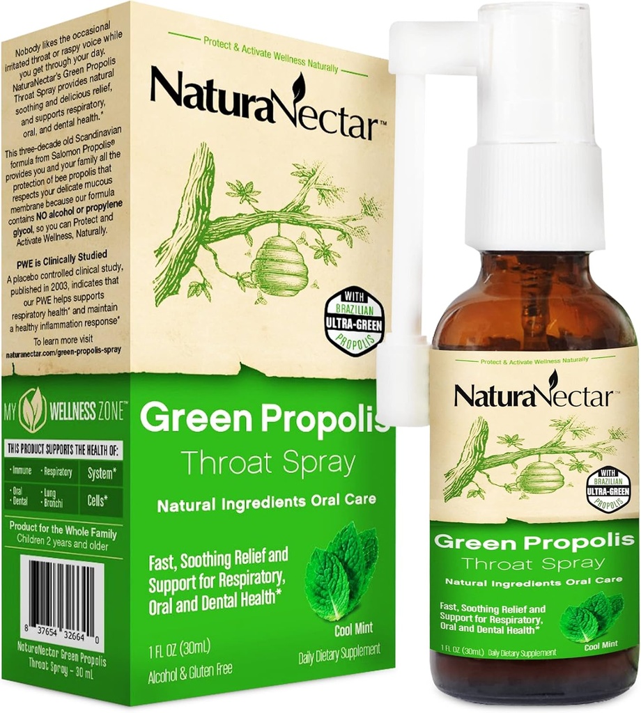 NaturaNectar - Green Propolis Throat Spray - Unique, Lindrende Throat Care Relief med Brasiliansk Bee Propolis - Naturlig og ikke-alkoholholdig Throat Care Formel fra bæredygtig biavl (1-Pack, 30ml)