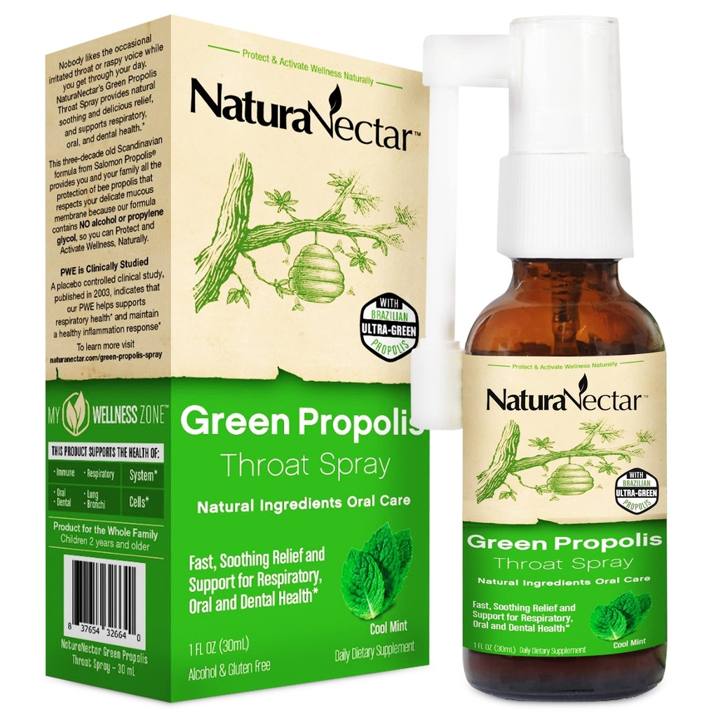 NaturaNectar - Green Propolis Throat Spray - Unique, Lindrende Throat Care Relief med Brasiliansk Bee Propolis - Naturlig og ikke-alkoholholdig Throat Care Formel fra bæredygtig biavl (1-Pack, 30ml)