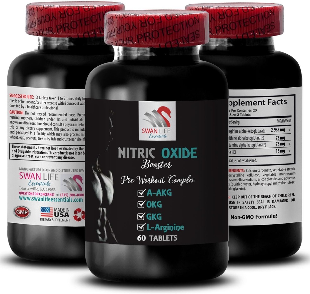 A-AKG, Nitric Oxide - Nitric Oxide Booster - Exercise Supplement, Power Boost, Strength Enhancer, Endurance Mix, Stamina Increase, Performance Booster, Recovery Formula, Muscle Focus 1 Bottle 60 Tabs