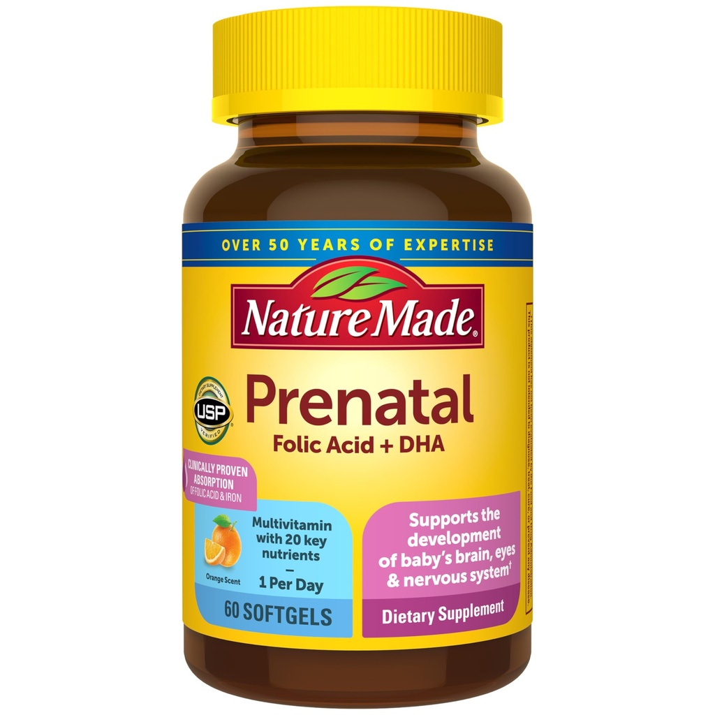 Natur Lavet prenatal med folinsyre + DHA, prenatal Vitamin og mineralsk supplement til daglig ernæring support, 60 Softgels, 60 dages forsyning