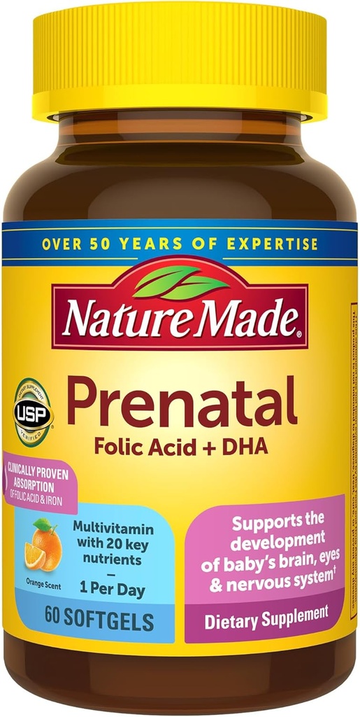 Natur Lavet prenatal med folinsyre + DHA, prenatal Vitamin og mineralsk supplement til daglig ernæring support, 60 Softgels, 60 dages forsyning