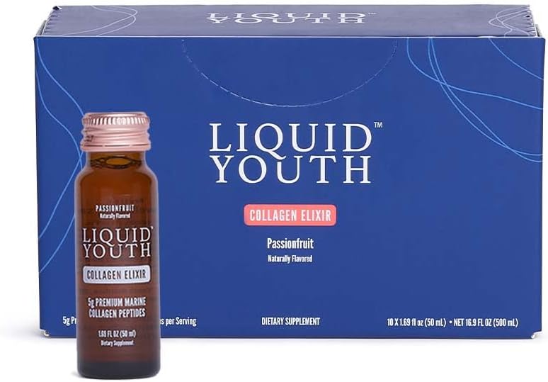 Flydende Collagen Elixir Skudt for kvinder & mænd - Premium Flydende Marine Collagen for hårvækst, hud, negle, ben & fælles sundhed - Travel- Friendly (Passionsfrugt, 10 Servering Per Box)