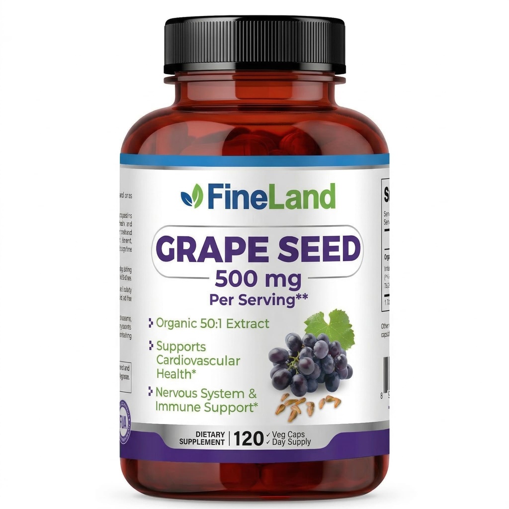 FineLand Grape Seed Extract 50: 1 - 25,000mg Ækvivalent per kapsel - 120 Vegan Kapsler - Rig i antioxidanter