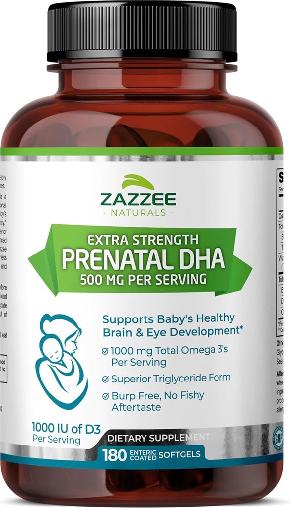 Zazzee Extra Strength Prenatal DHA 500 mg, 180 Enteric Coated Softgels, 1000 mg Omega 3 's, 1000 UI Vitamin D3, Burp Free, No Fishy Aftersmage, Superior Triglyceride Form, Renset Deep Sea Fish Oil