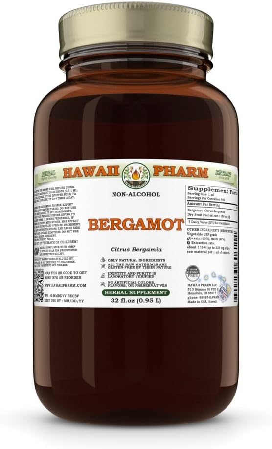 Bergamot (Citrus Bergamia) Tørfrugt Peel Glycerit, Lavet i Hawaii, Alle naturlige, Vegan, Lab Testet Alkohol- Free Liquid Extract - 32 fl.oz