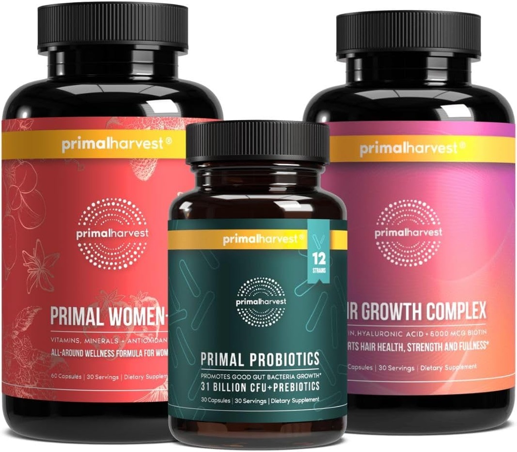 Primal Høst Kvindebunde - 30 dages forbrug: Kvinder + Multivitamin, Primal hårstøtte, og Primal Probiotisk for kvinders sundhed og vitalitet