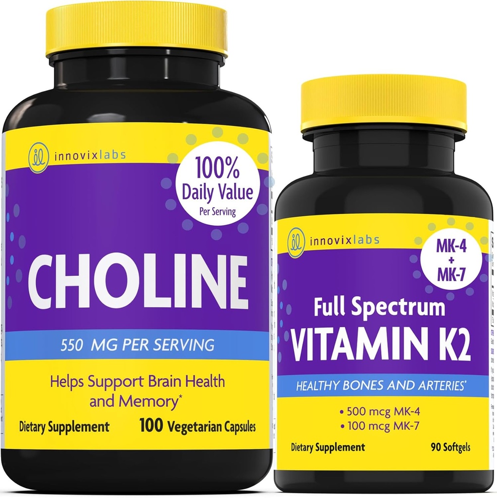 InnovixLabs Cholin & vitamin K2 Bundle Cholin Bitartrate 550mg (100 kapsler) Fuld Spectrum Vitamin K2 (90 Softgel). Understøtter hukommelse, mood, hjerne sundhed & boost kognitiv. *