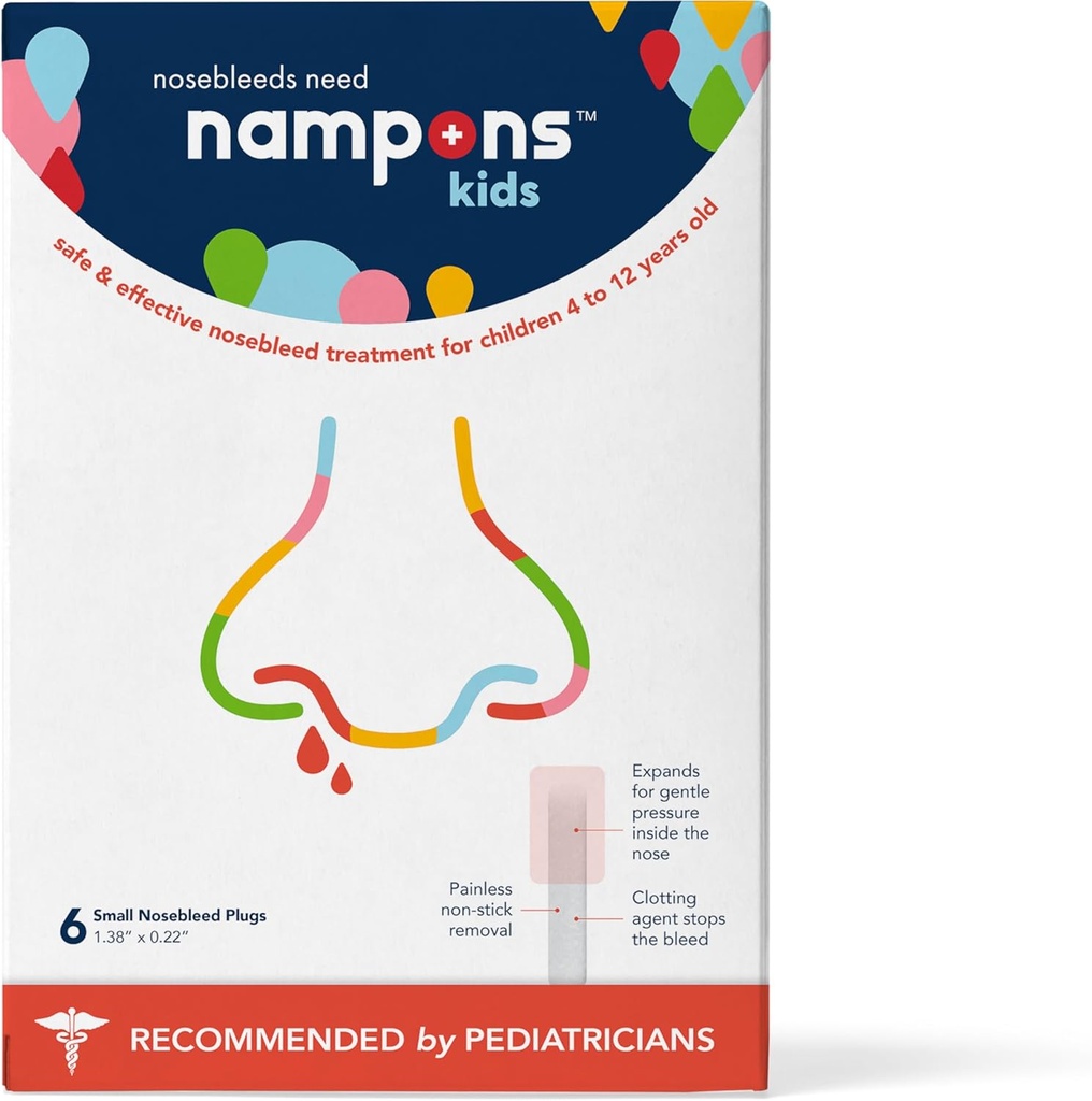 Nampons Kids Nosebloed Stopper - 6 Let at bruge Næse Bleed Stopper Plugs Kit til børn. Truet af børnelæger. Hypoallergen Clotting Agent Stopper næseblod hurtigt på kontakt. Sikker og smertefri