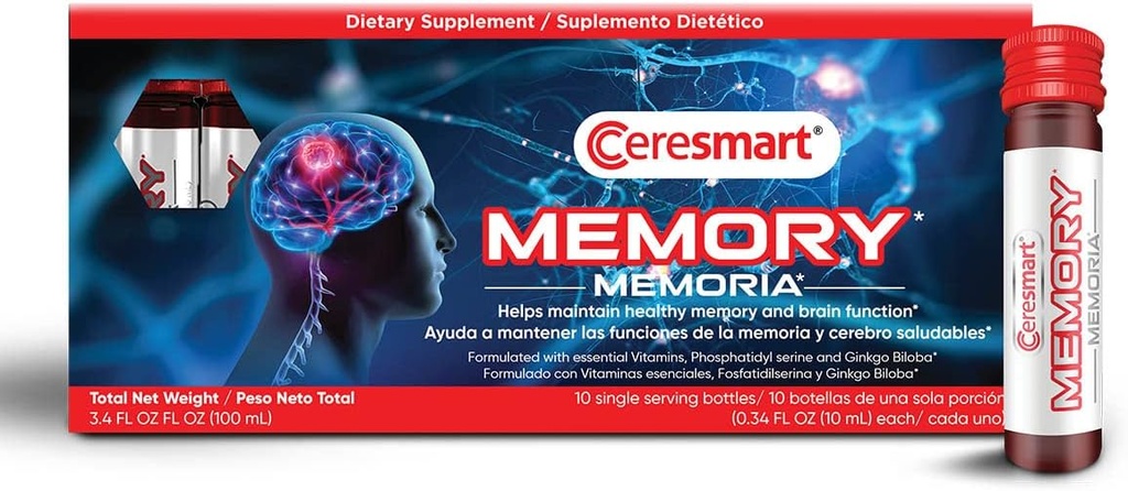 Ceresmart hukommelse supplement til hjerne - 10- Pack Brain Boost Shots - Drinkable hukommelse kosttilskud med Ginko Biloba, Vitaminer - Brain Kosttilskud til hukommelse og fokus, normale hjerne funktioner