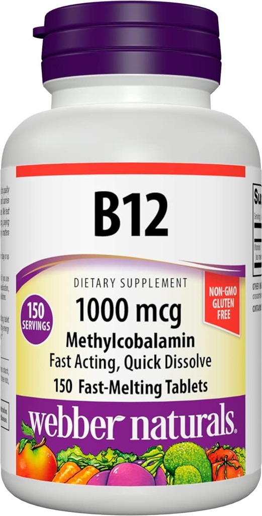 Webber Naturals Vitamin B12 1000 mcg, 150 greve, hurtig opløsning tabletter, Vitamin supplement støtte til energi Metabolisme, immunforsvar og hjerte sundhed, Vegetarisk formel, 150 dages forsyning