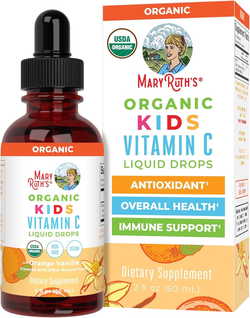 MaryRuth Organics USDA Kids Vitamin C Drops Tequila 124; Vegansk immunsupporttillæg for alder 4- 13 Tequila 124; Immunsupport & Samlet sundhedsstøtte 124; Vitamin C fra Organic Acerola Fruit Extract