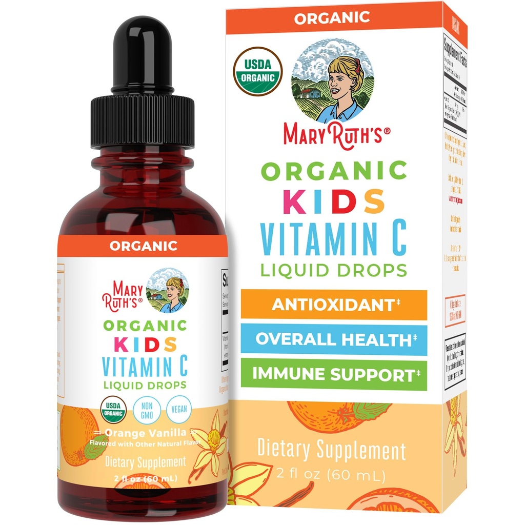 MaryRuth Organics USDA Kids Vitamin C Drops Tequila 124; Vegansk immunsupporttillæg for alder 4- 13 Tequila 124; Immunsupport & Samlet sundhedsstøtte 124; Vitamin C fra Organic Acerola Fruit Extract