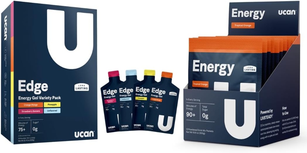 UCAN uddannelse Starter Pack, Edge Energy Gel Variety Pack, Energy Powder Tropical Orange, Pre & Post workout for mænd og kvinder