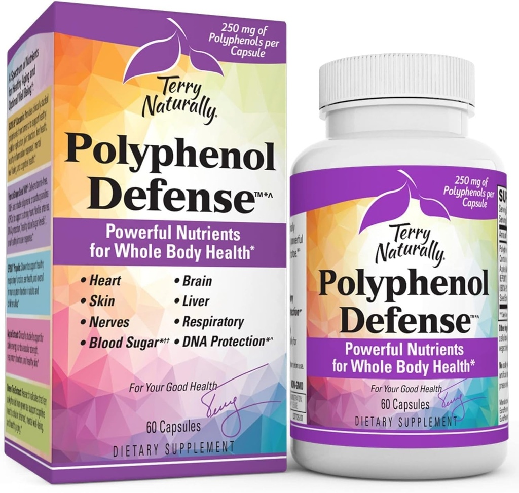 Terry naturligt polyphenol forsvar - supplement til støtte hjerne, lever & nerve sundhed - antioxidant polyphenol blend til støtte luftveje & hudsundhed - hele kroppen sundhedsstøtte - 60 kapsler