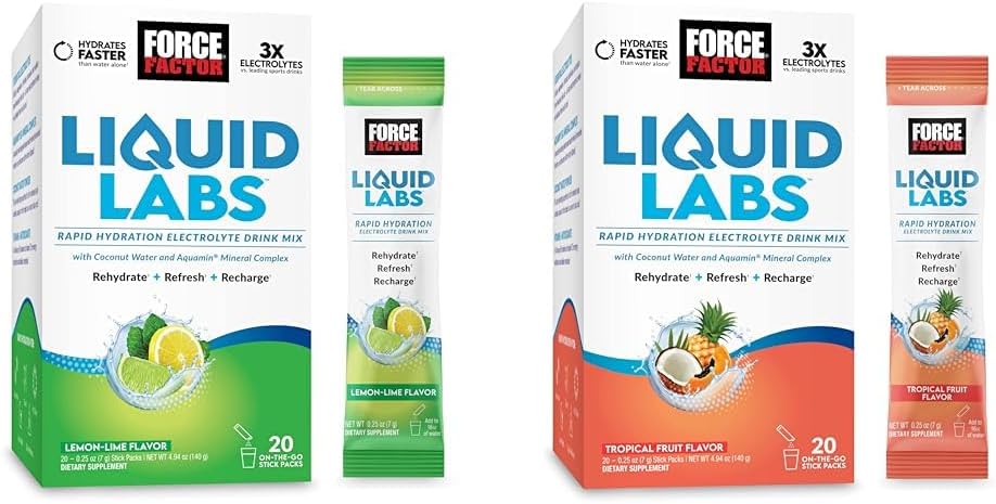 Bundle of FORCE FACTOR Liquid Labs Electrolytes Powder, Hydration Packets til at gøre elektrolytvand med vitaminer, mineraler og antioxidanter. Lemon- Lime Flavor + Tropical Fruit Flavor, 40 Stick Packs