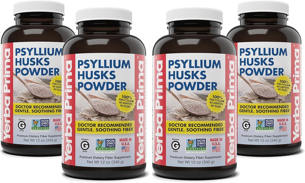 Yerba Prima Psyllium Husks Powder - 12 oz (Pack of 4) - Natural Fiber Supplement - Colon Cleanse - Gut Health - Vegan, Non- GMO, Gluten- Free (New Label - Packaging May Vary)