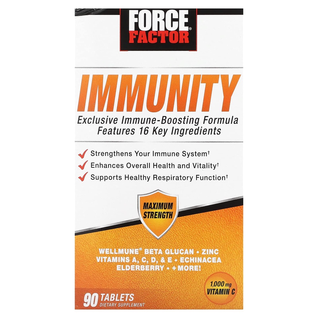 FORCE FACTOR Immunitet, immunforsvar Booster med hyldebær og 1000mg C-vitamin, Plus D-vitamin, zink, probiotika, Quercetin, antioxidanter, og Echinacea til immunforsvar, 90 tabletter