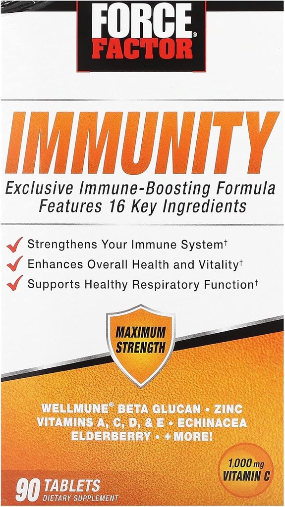 FORCE FACTOR Immunitet, immunforsvar Booster med hyldebær og 1000mg C-vitamin, Plus D-vitamin, zink, probiotika, Quercetin, antioxidanter, og Echinacea til immunforsvar, 90 tabletter