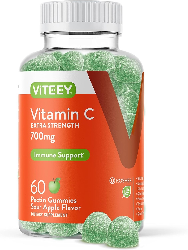 Viteey Chewable C-vitamin Gummies for voksne - 700mg ekstra styrke immunforsvar supplement - Vegan, Gluten Free - 60 Greve