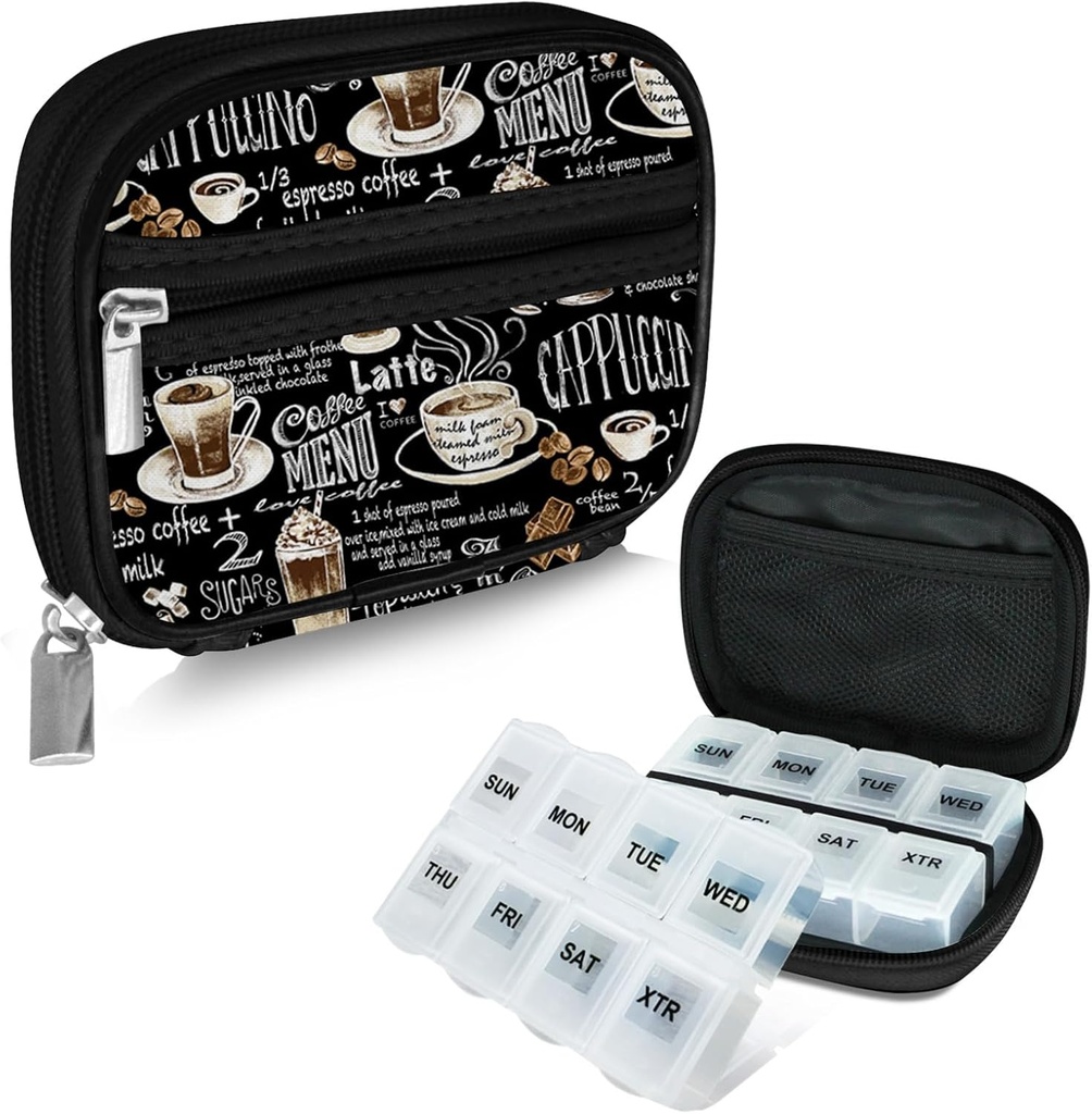 Serfeymi Weekly Travel Pill Organizer Pill Sag til Purse med Aftagelig 7 Day Pill Box, Fashionable Travel Medicine Organizer Pill Container til Medicin, Vitamin, Supplement - Black 02 + Pill Box
