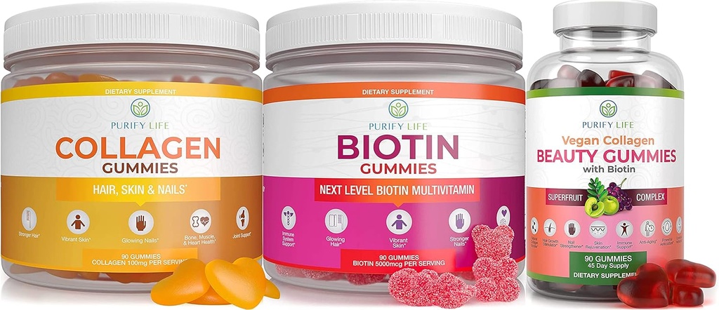 Rens liv Marine Collagen, Biotin, & Vegan Collagen Bundle, Gummies for hår hud og negle (Bulk - 90 Chews), fælles pleje Vitamin, immunforsvar, skønhed, Detox & Rense, erstatte kapsler, piller