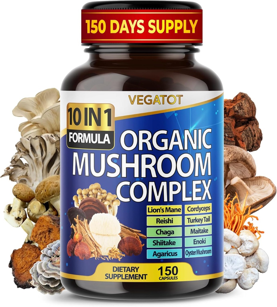 10 i 1 Høj Styrke Mushroom supplement - Lions Mane, Cordyceps, Reishi - Brain Kosttilskud til hukommelse og fokus * * 5-måned Supply