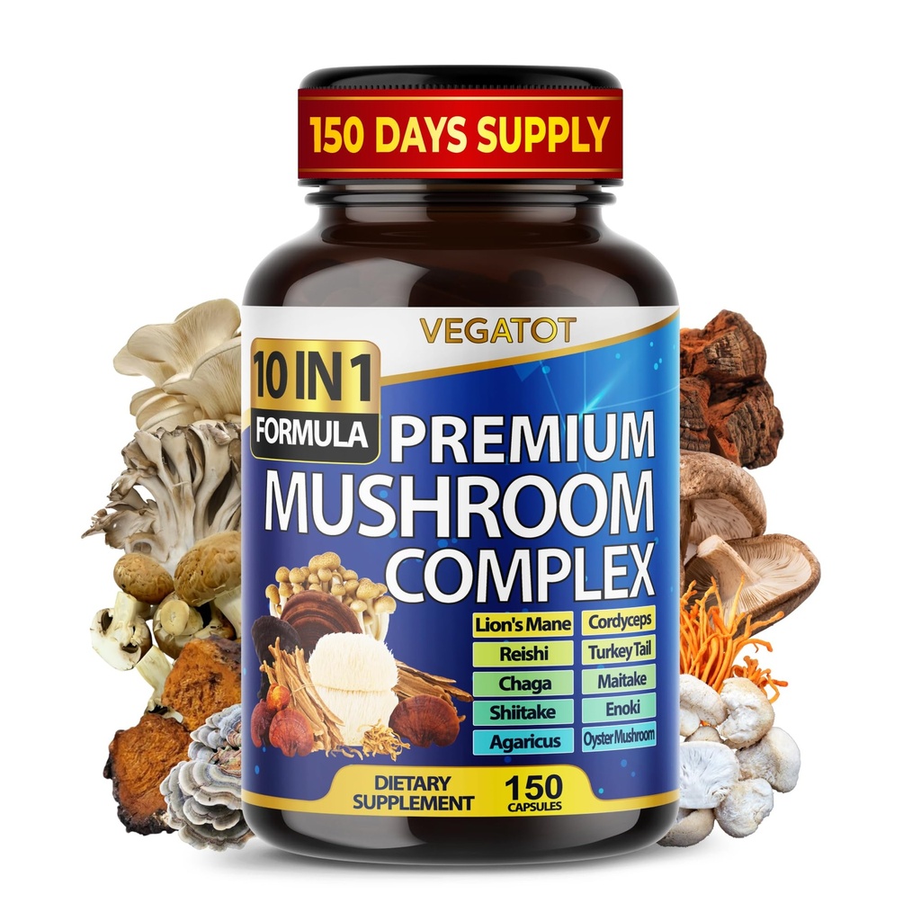 10 i 1 Høj Styrke Mushroom supplement - Lions Mane, Cordyceps, Reishi - Brain Kosttilskud til hukommelse og fokus * * 5-måned Supply
