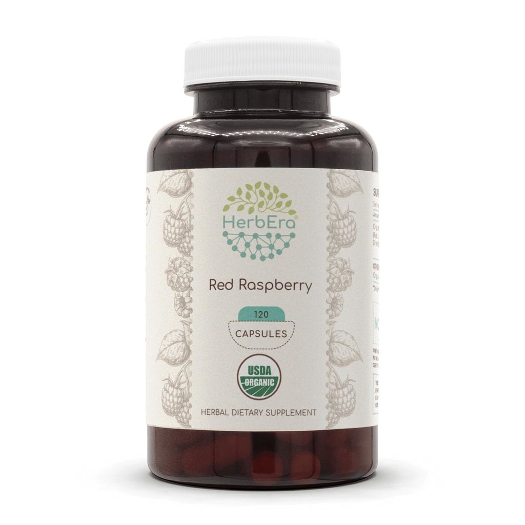 HerbEra Rød Hindbær USDA Organic 120 Kapsler Beholder 124; Natural Herbal Supplements 124; Certified Organic Vegetar Kapsler og Organic Red Hindbær (Rubus idaeus) Tørret Leaf (120 Kapsler)