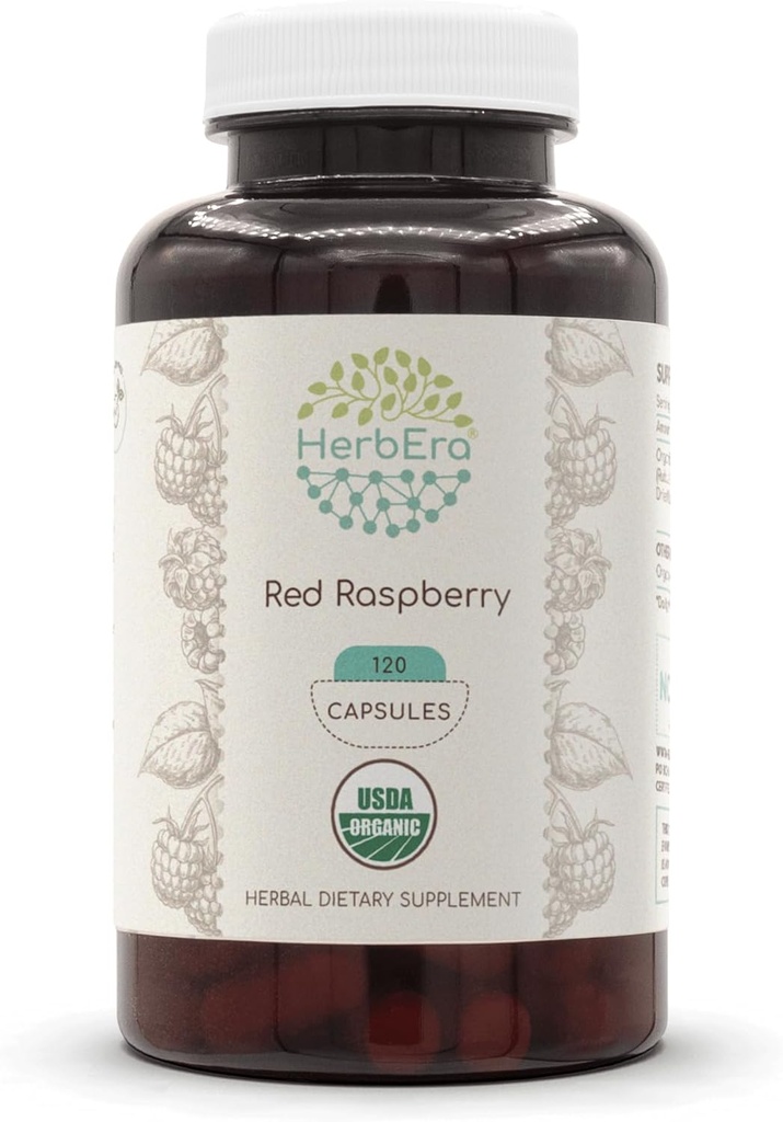 HerbEra Rød Hindbær USDA Organic 120 Kapsler Beholder 124; Natural Herbal Supplements 124; Certified Organic Vegetar Kapsler og Organic Red Hindbær (Rubus idaeus) Tørret Leaf (120 Kapsler)