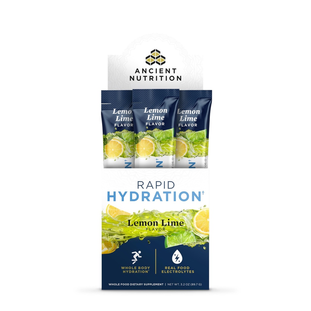 Ancient Nutrition Rapid Hydration Powder, Lemon Lime, Electrolytes from Natural Sea Salts and Red Marine Algae, Supports Rapid Body Hydration and Cellular Health, 15 Servings