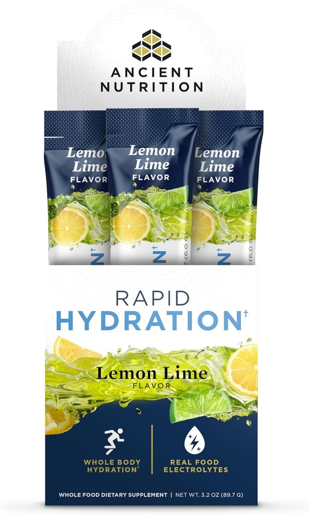 Ancient Nutrition Rapid Hydration Powder, Lemon Lime, Elektrolyter fra Natural Sea Salts og Red Marine Algae, Understøtter Rapid Body Hydration og Cellular Health, 15 Servere