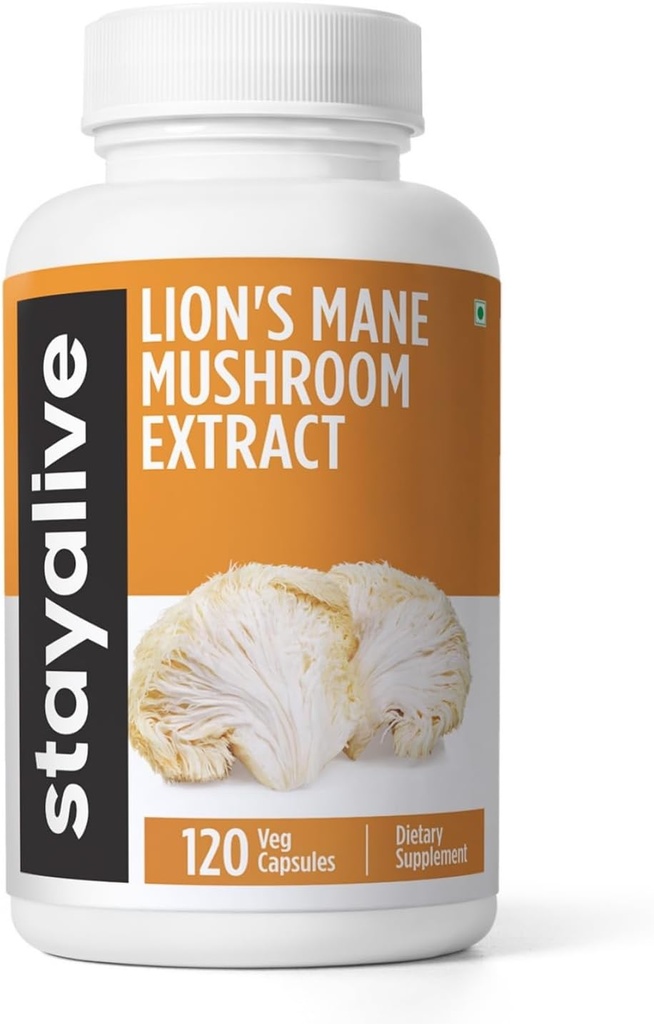 Stay ALIVE Lions Mane Supplement kapsler 1000mg, 30: 1 Uddrag w / Beta glucans, 100% Fruiting Body, Pure Lions Mane Pulver til mænd og kvinder, 120 Piller, Non- GMO & Gluten- Free Mushroom Supplement