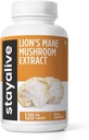 Stay ALIVE Lions Mane Supplement kapsler 1000mg, 30: 1 Uddrag w / Beta glucans, 100% Fruiting Body, Pure Lions Mane Pulver til mænd og kvinder, 120 Piller, Non- GMO & Gluten- Free Mushroom Supplement