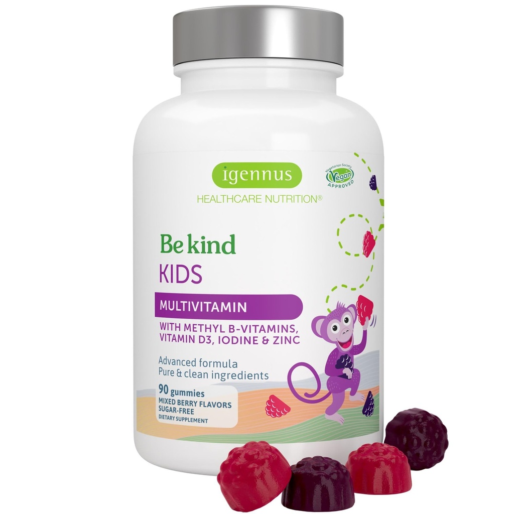 Igennus Methylerede Kids Multivitamin Gummy, MTHFR, Ingen kunstige sødestoffer eller smagsstoffer, Sukker fri, Alder 4 +, 90 Natural Berry Flavor Gummies fra Fruit Powder, Non- GMO, Halal, Clean Label